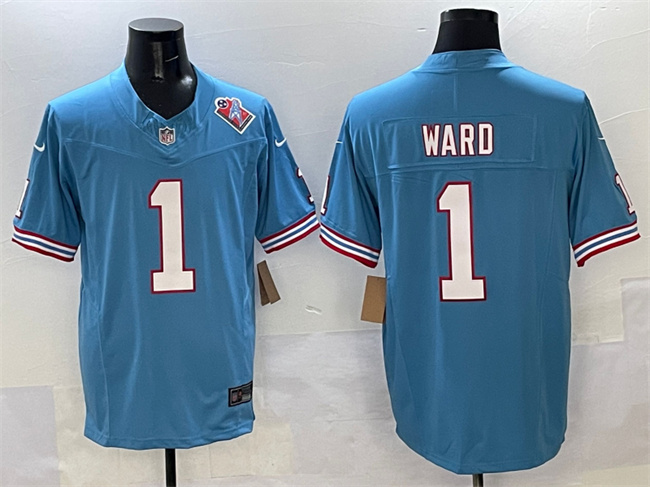 Men's Blue Tennessee Titans #1 Cameron Ward 2025 Draft F.U.S.E. 1997 Throwback Patch Vapor Limited Stitched Football Jersey